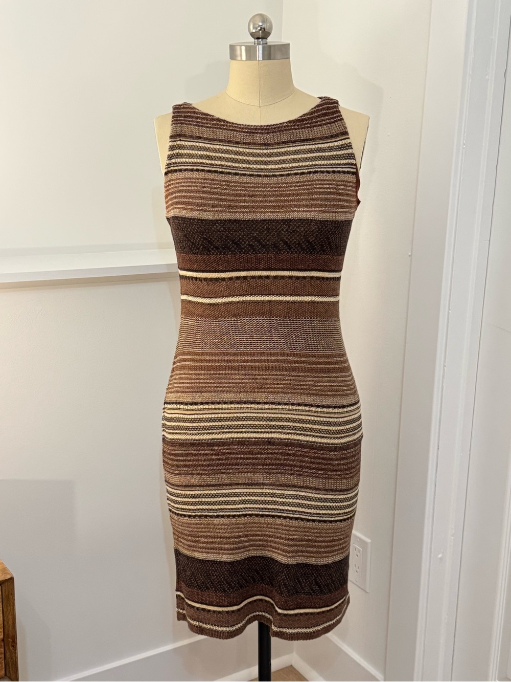 Ralph Lauren Knit Brown & Cream Midi Dress Cotton Linen Blend